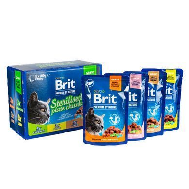 Brit Premium Sterilised Plate Набор влажных кормов для стерилизованных кошек, 12 шт х 100 г