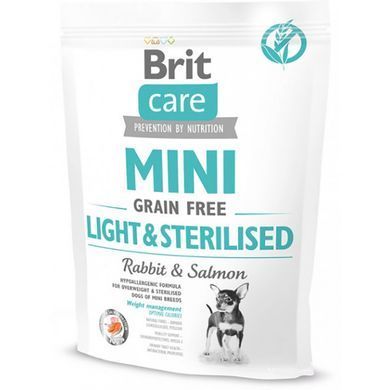 Brit Care Mini Light & Sterilised Сухой беззерновой корм с кроликом и лососем для собак миниатюрных пород с избыточным весом или стерилизованных собак