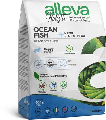 Alleva Holistic Puppy/Junior Ocean Fish Medium Полнорационный корм из океанической рыбы с добавлением конопли и алоэ вера для щенков, беременных и лактирующих собак 800 г