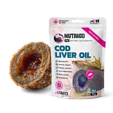 LK Baits Pet Nutrigo Cod Liver Oil Mini Функціональні ласощі з олією печінки тріски (&Oslash; 15 мм) для собак дрібних порід, 75 г