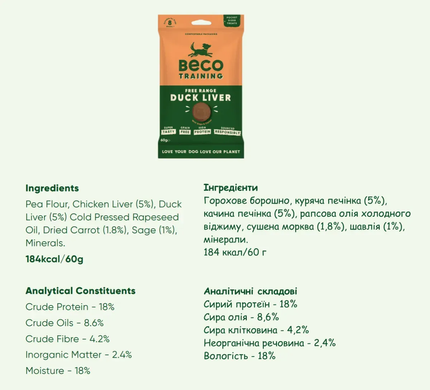 Печиво для собак Beco Pets Печінка качки з шавлієм та морквою, 60 г