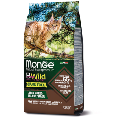 Monge Cat BWild Grain Free Buffalo Сухой беззерновой корм из мяса буйвола для больших кошек всех возрастов