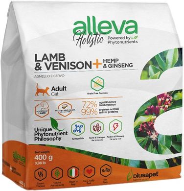 Alleva Holistic Cat Adult Lamb&Venison Полнорационный корм с ягненком и олениной с добавлением конопли и корня женьшеня для взрослых кошек 400 г