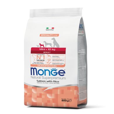 Monge Mini Adult SALMONE AND RICE- Корм з рисом та лососем для дорослих собак дрібних порід, 0,8 кг