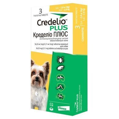 Elanco Credelio Plus Противоразитарные жевательные таблетки Кределио Плюс от блох, клещей и гельминтов для собак, 1,4-2,8 кг