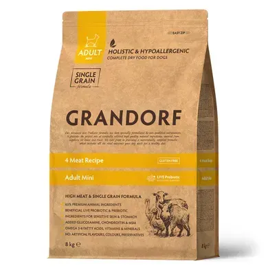 Grandorf Four Meat Adult Сухой корм 4 вида мяса и пробиотики для взрослых собак мини пород, 1 кг