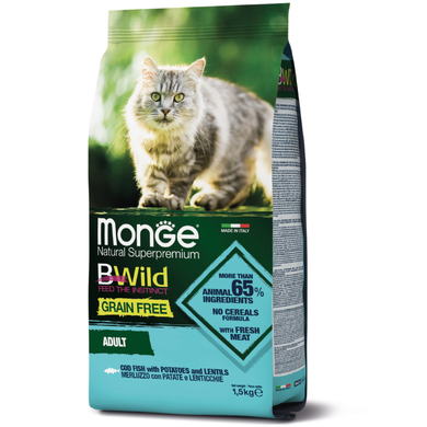 Monge Cat BWild Grain Free Merluzzo Сухой беззерновой корм с треской, картофелем и чечевицей для взрослых кошек