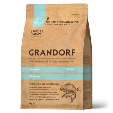 Grandorf White Fish Mini Сухой низкозерновой корм с белой рыбой для взрослых собак мелких пород, 1 кг
