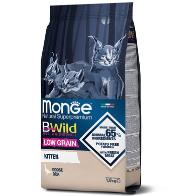 Monge Cat BWild Low Grain Kitten Goose Сухой низкозерновой корм для котят с мясом гуся