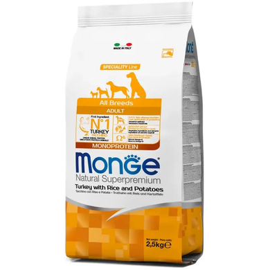 Monge Dog Adult All Breeds Turkey, Rice and Potatoes - Корм ​​для дорослих собак всіх порід з індичкою, рисом та картоплею, 2,5 кг