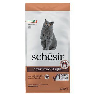 Schesir Cat Sterilized & Light Сухой монопротеиновый корм с курицей для стерилизованных и склонных к полноте кошек, 10 кг