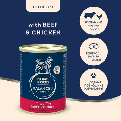 Home Food Паштет з яловичиною та куркою для дорослих собак, 360 г