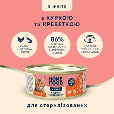 Home Food Повнораціонний вологий корм з куркою та креветкою в желе для стерилізованих/кастрованих дорослих котів, 85 г