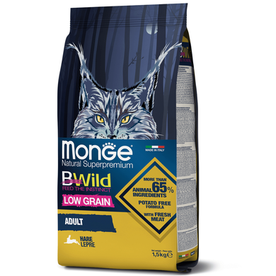 Monge Cat BWild Low Grain Adult Hare Сухий низькозерновий корм із м'яса зайця для дорослих кішок