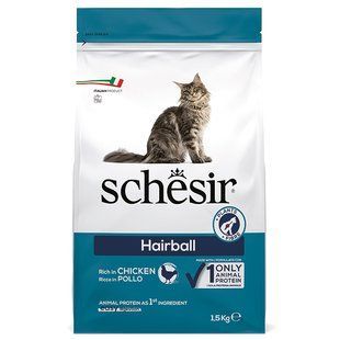 Schesir Cat Hairball Шезир Сухой монопротеиновый корм с курицей для выведения шерсти для взрослых кошек с длинной шерстью, 1,5 кг