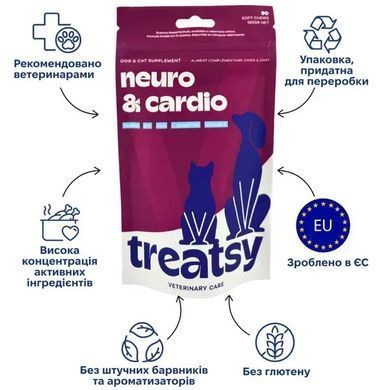 Treatsy Neuro & Cardio Функциональное лакомство для поддержки когнитивных функций, здоровья нервной системы и сердца собак и кошек, 180 г (90 шт.)