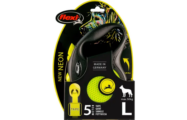 Flexi New Neon L - рулетка-поводок для собак с лентой размер L(5м/50кг), желтый