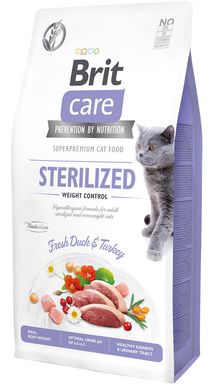 Brit Care Cat Grain-Free Sterilized Weight Control - Сухой беззерновой корм с уткой и индейкой для контроля веса для взрослых стерилизованных кошек, 400 г