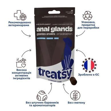 Treatsy Anal Glands Функциональное лакомство для поддержания здоровья параанальных желез для собак, 90 г (30 шт)