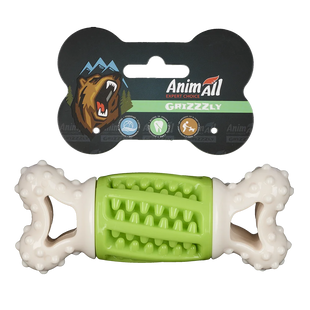 AnimAll GrizZzly Игрушка Кость-зубочистка с пищалкой для собак, цвет зеленый, 14,2х5,7х4,7 см
