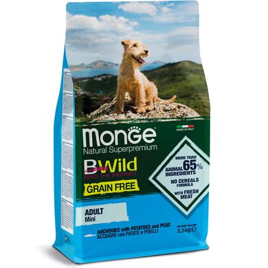 Monge Dog Вwild Grain Free Mini Anchovies Сухой корм c анчоусами для взрослых собак мелких пород, 2,5 кг