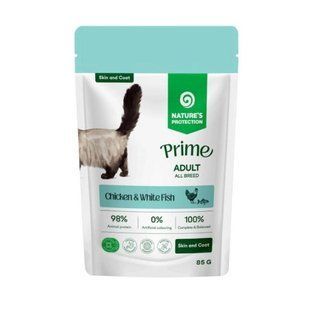 Nature's Protection Prime Adult Cats Skin&Coat Chicken and White Fish Вологий корм з куркою і білою рибою для догляду за шкірою та шерстю котів, 85 г