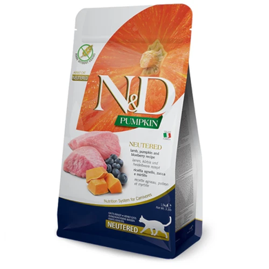 Farmina N&D Pumpkin Cat Lamb & Blueberry Neutered Сухой беззерновой корм для стерилизованных кошек с ягненком, тыквой, черникой, 300 г
