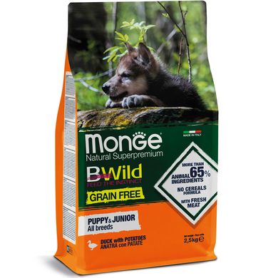 Monge Dog Вwild Grain Free Puppy & Junior Duck  Сухий корм з качкою для цуценят всіх порід, 2,5кг