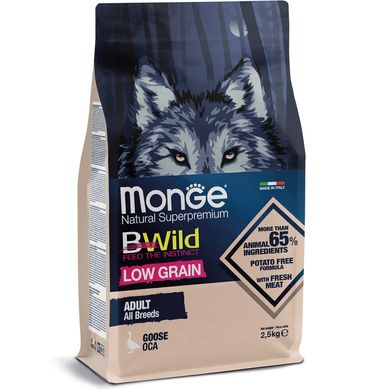 Monge BWild Dog Low Grain All Breeds Adult Goose Сухой корм с мясом гуся для взрослых собак всех пород, 2,5 кг